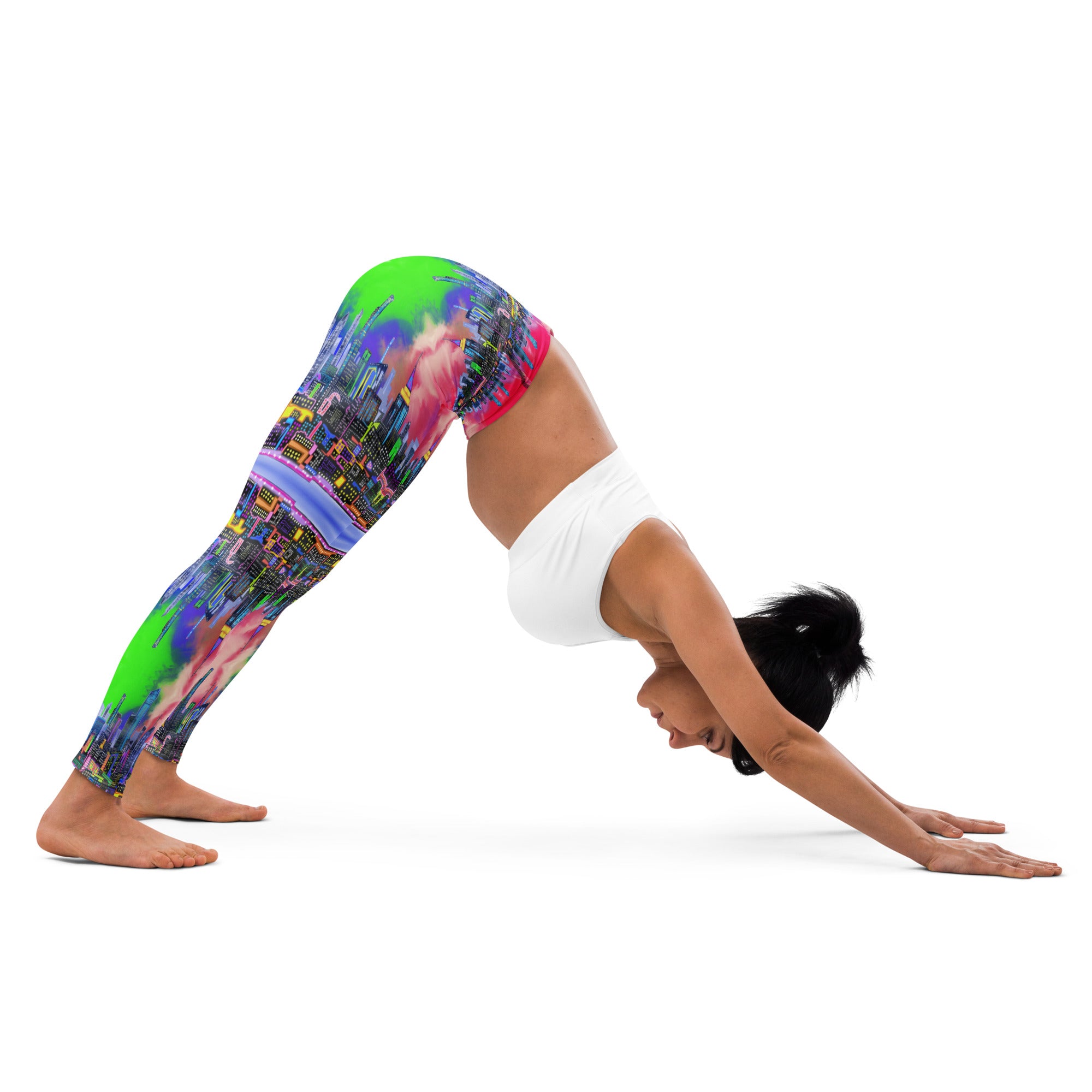 Multicolored tie-dye leggings designed by Loria NYC Art and worn by a person on a  white background