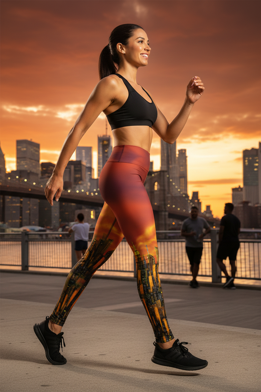 Woman in Loria NYC Art athletic wear walking on a city street at sunset