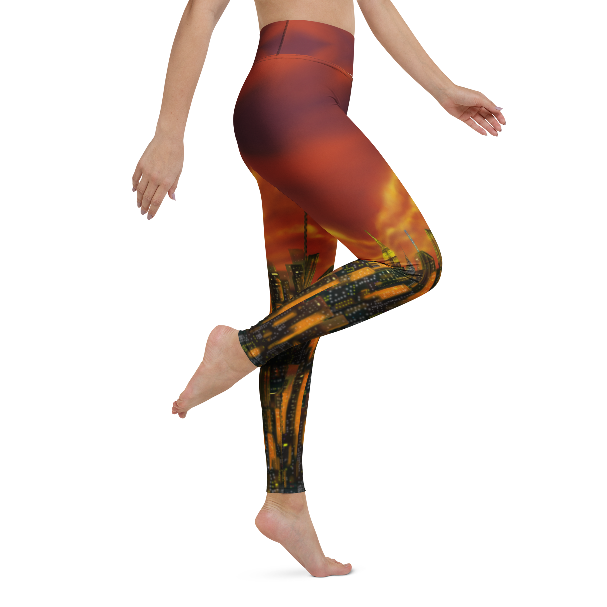 Leggings with a vibrant, multicolored Loria NYC Art design on a white background