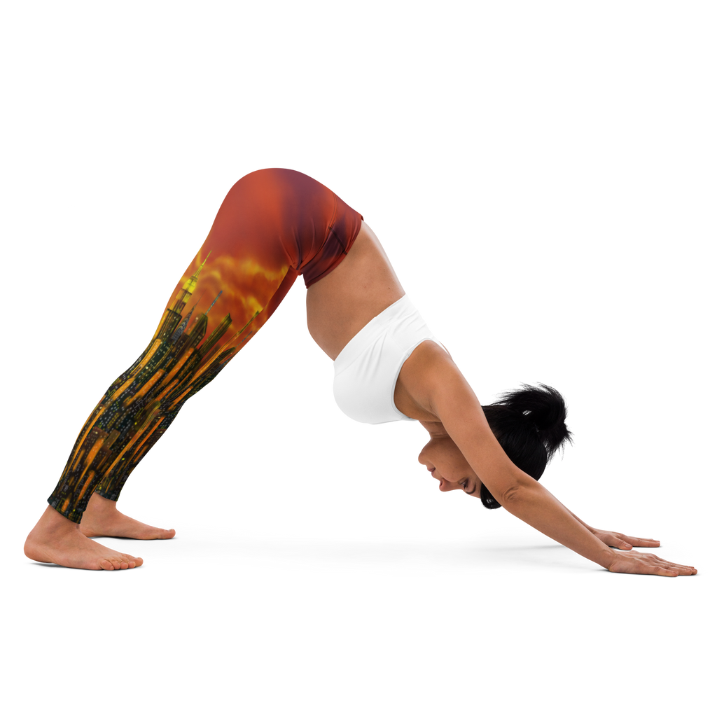 Person wearing a unique Loria NYC Art leggings with a scenic design, performing a yoga pose on a white background.