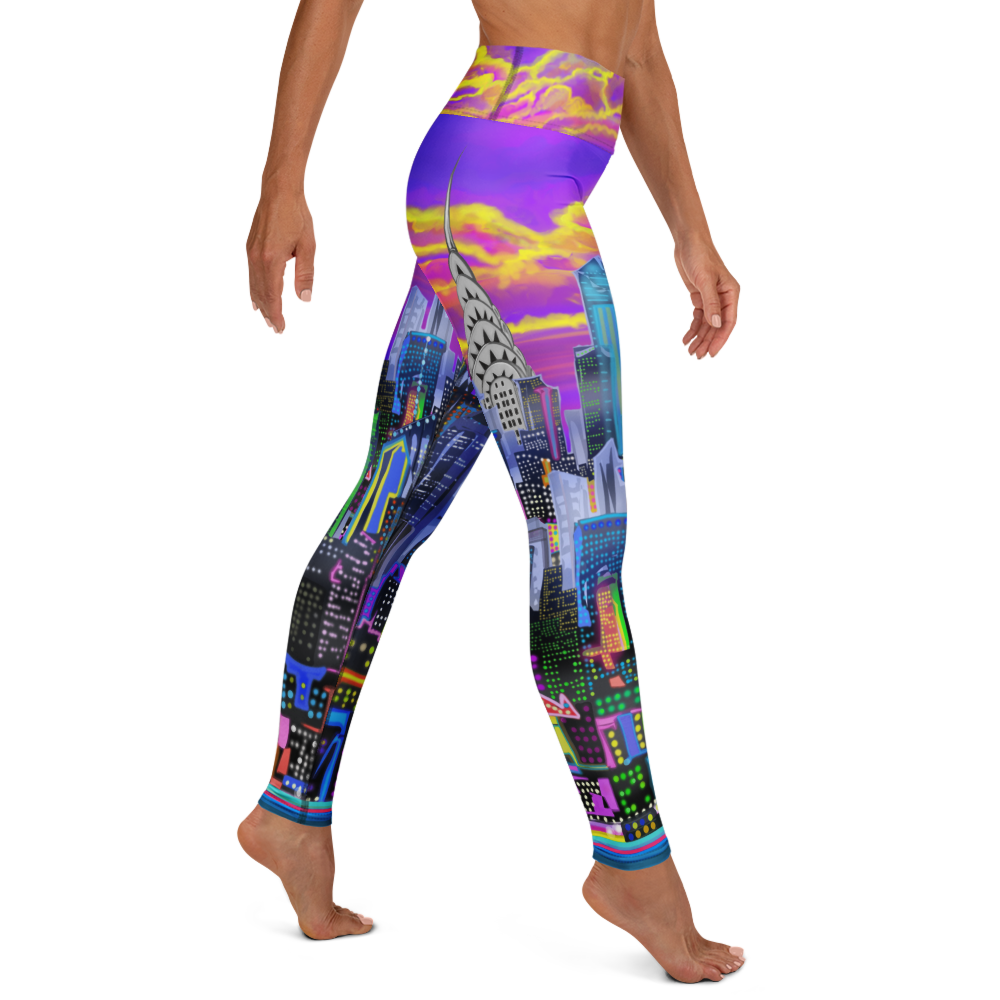 Colorful cityscape Loria NYC Art leggings worn by a person on a white background