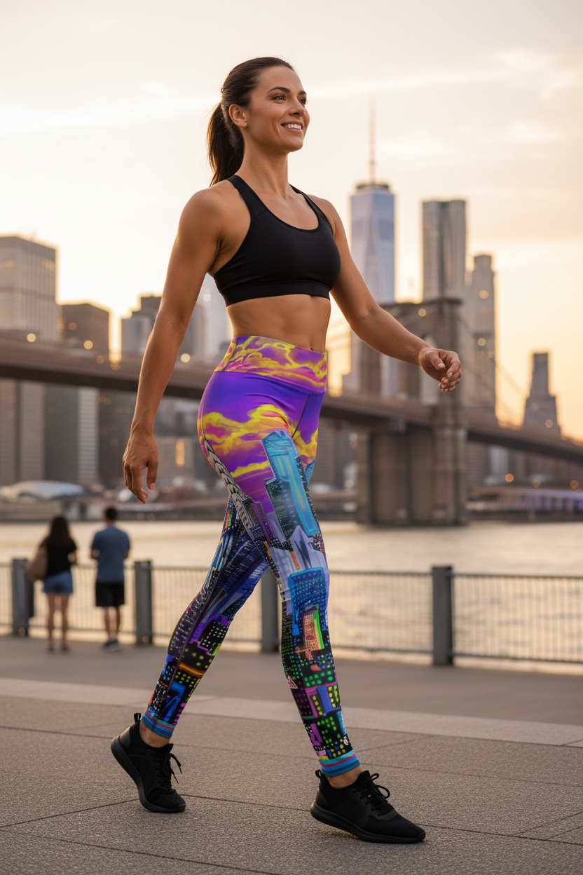 Woman in colorful Loria NYC Art leggings and black sports bra walking by a city skyline at sunset.