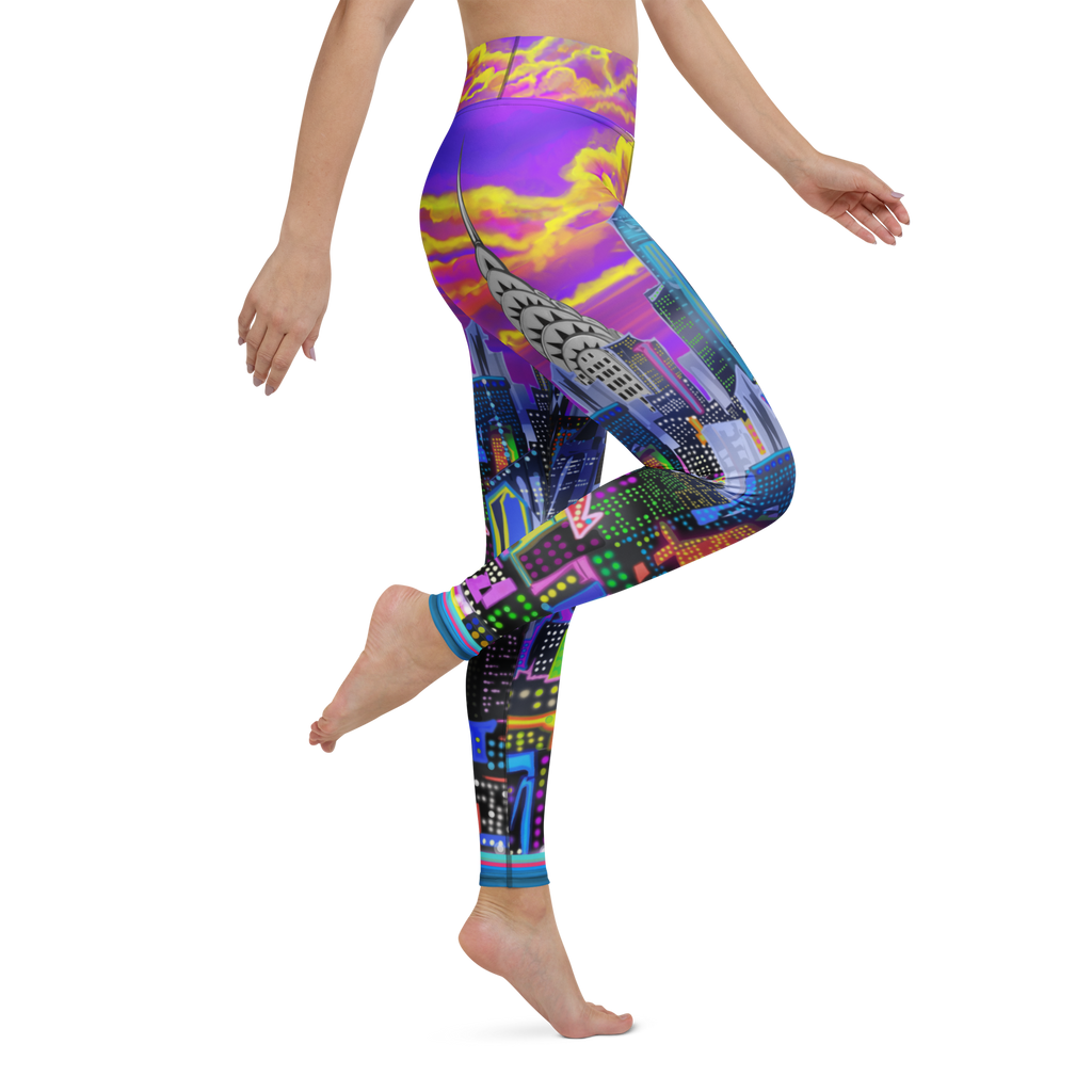 Colorful leggings with a cityscape Loria NYC Art design on a white background