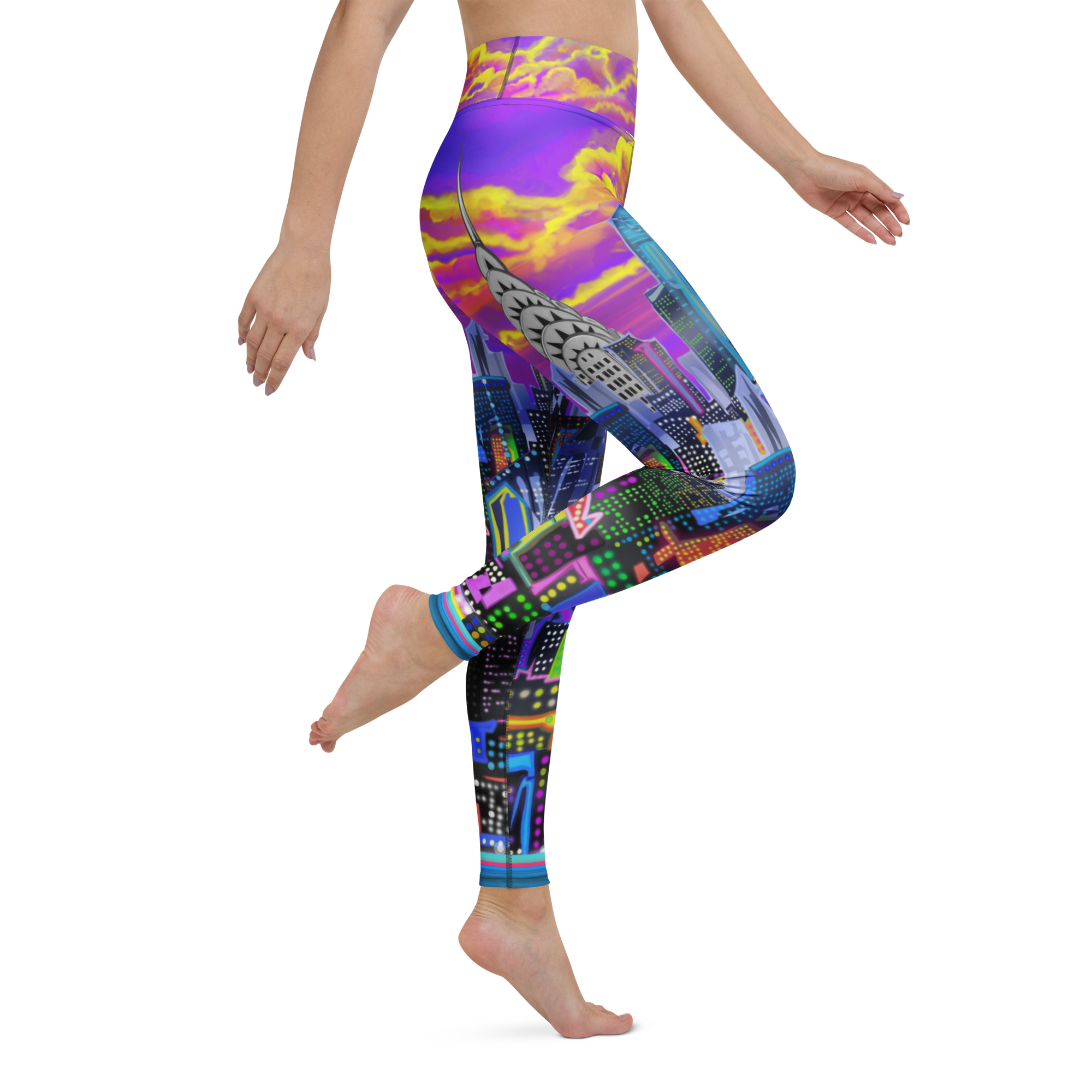 Colorful leggings with a cityscape Loria NYC Art design on a white background