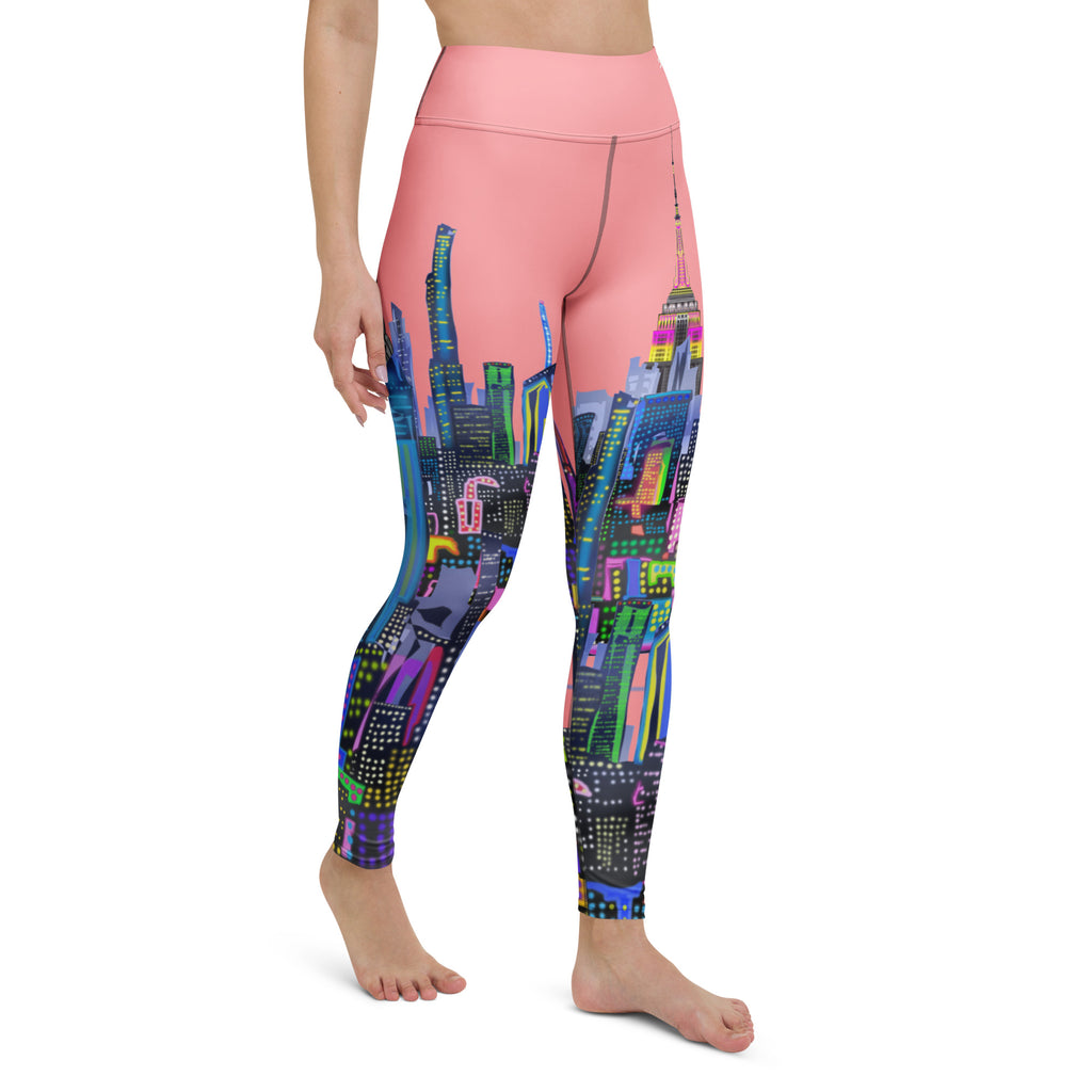 Leggings with a colorful cityscape Loria NYC Art design on a white background