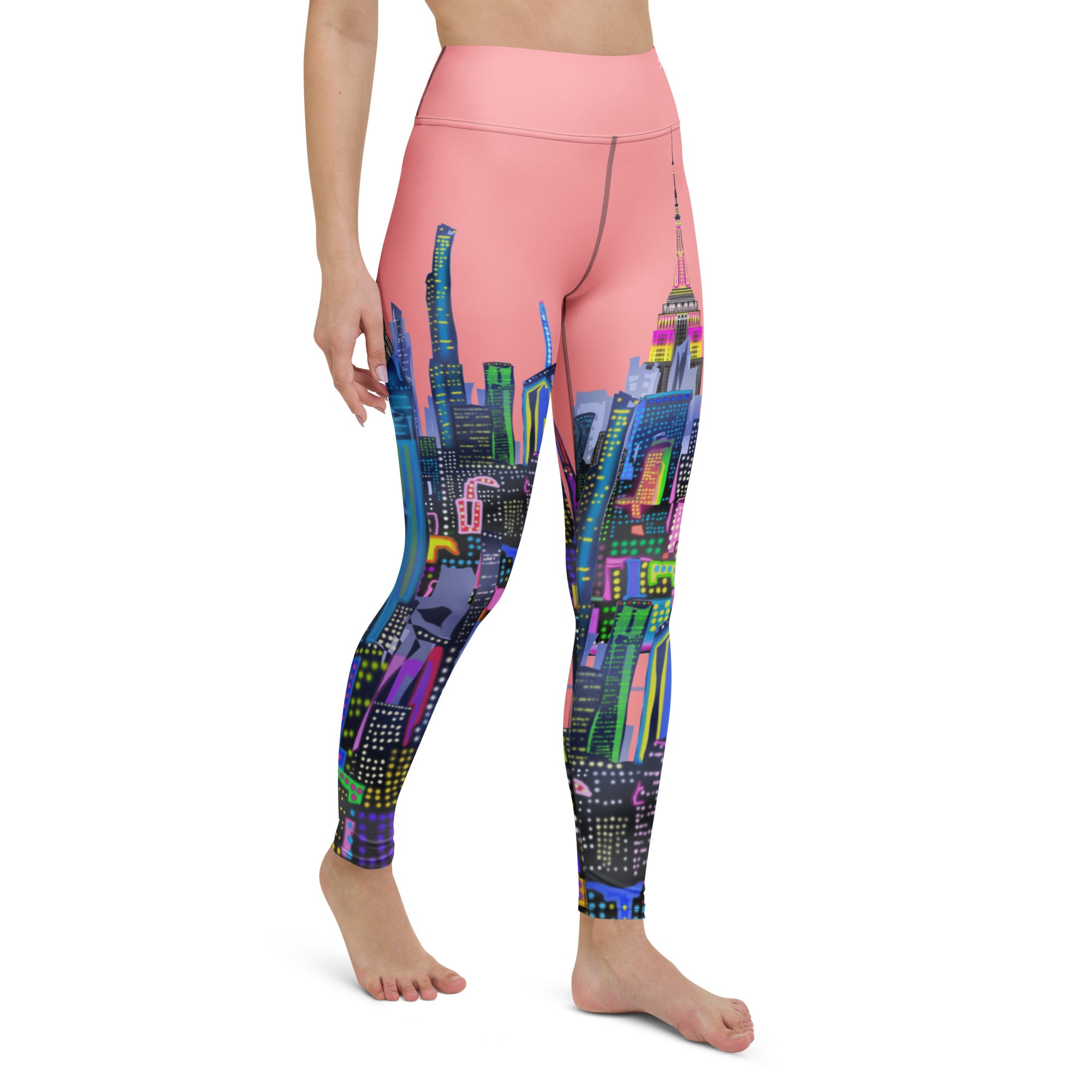 Leggings with a colorful cityscape Loria NYC Art design on a white background