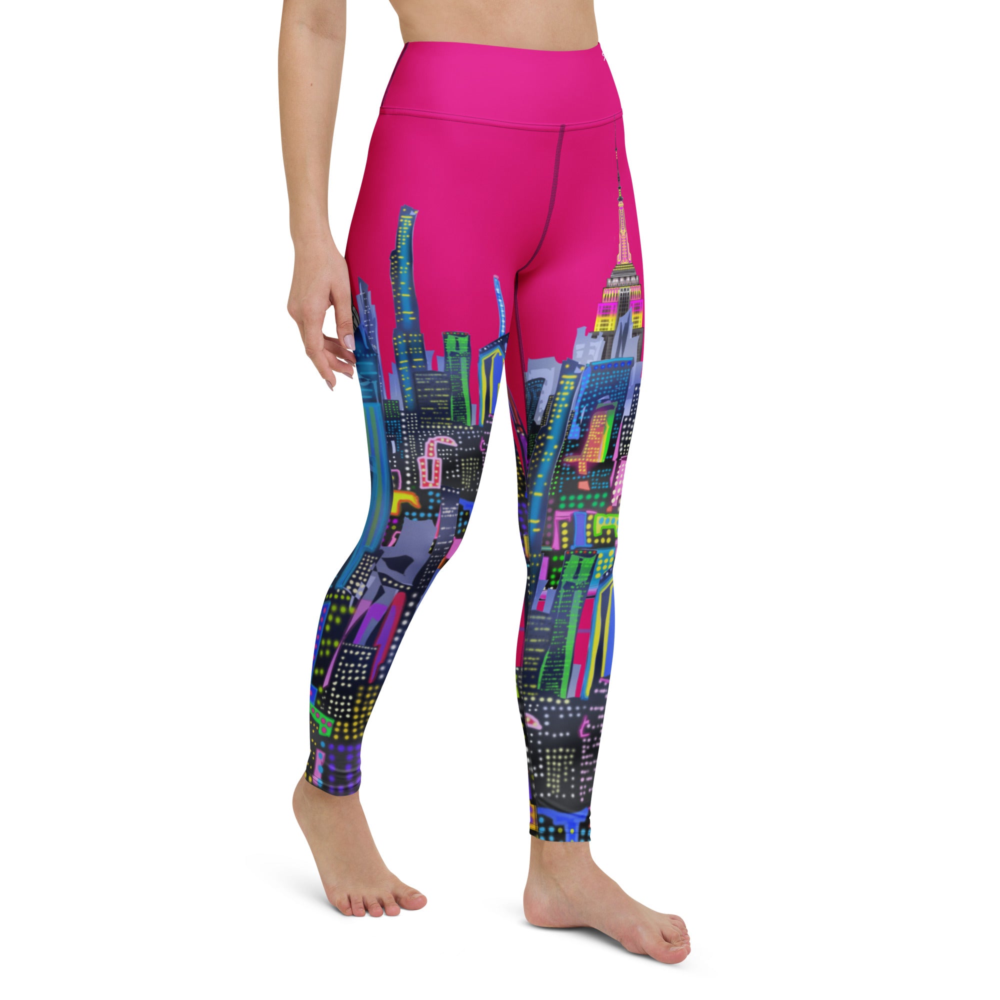 Fuchsia Leggings with Loria NYC Art cityscape design on a white background