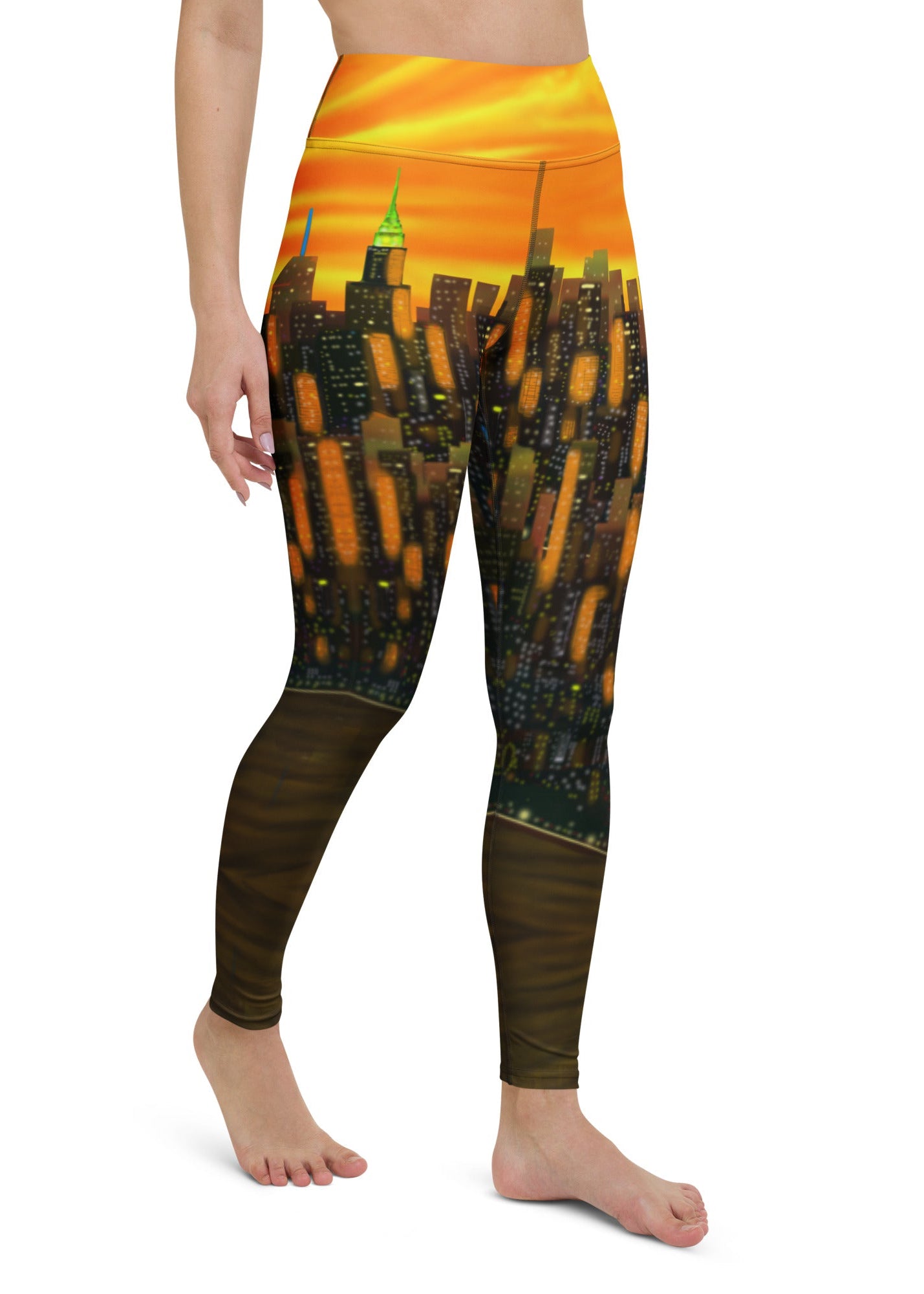 Leggings with a cityscape design by Loria NYC Art on a white background