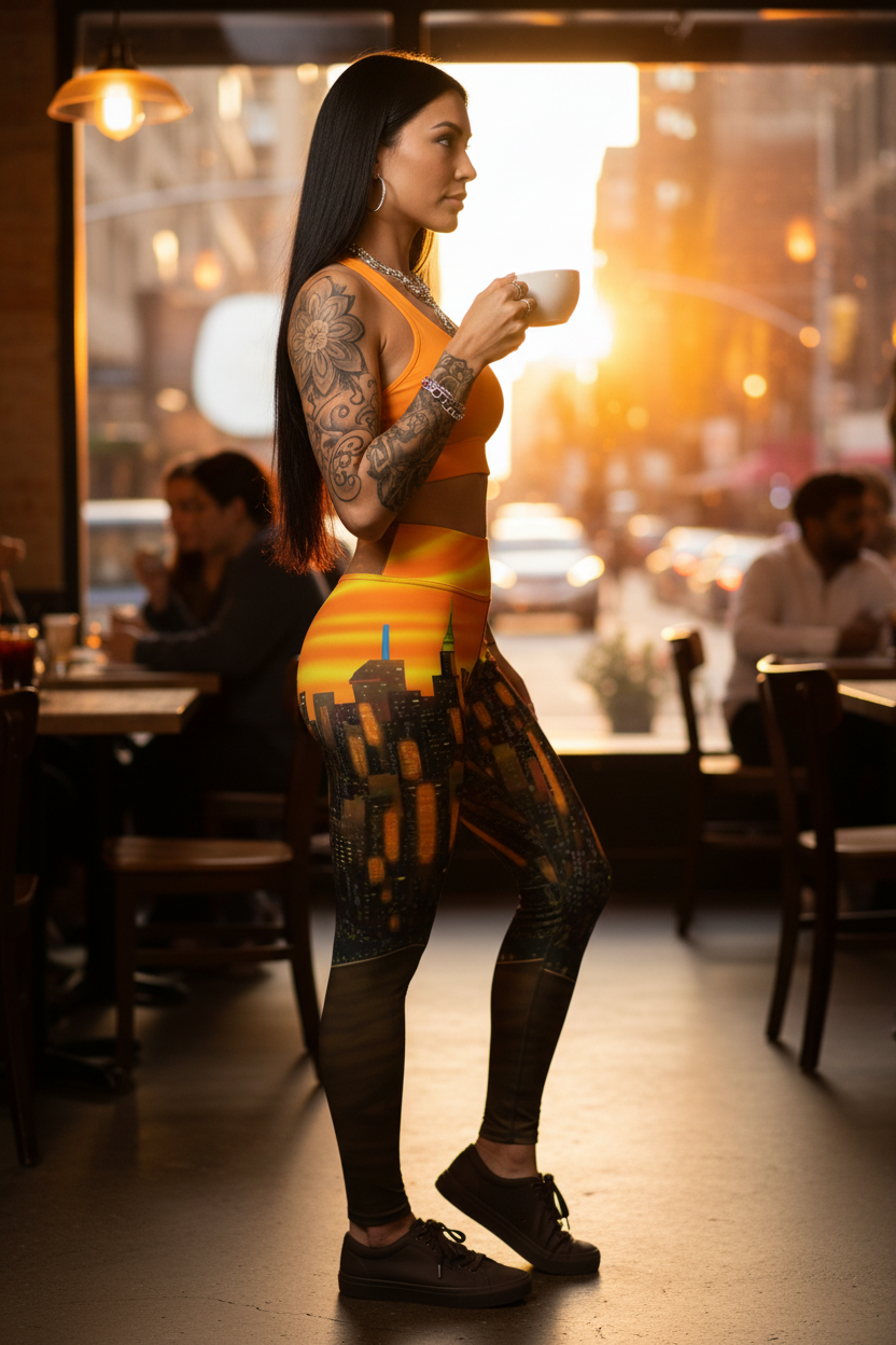 A woman stands in a cafe wearing a matching orange and yellow sports bra and Loria NYC Art leggings set with a city skyline print. She holds a white coffee cup, with a warm, glowing window background showing city street scenes.