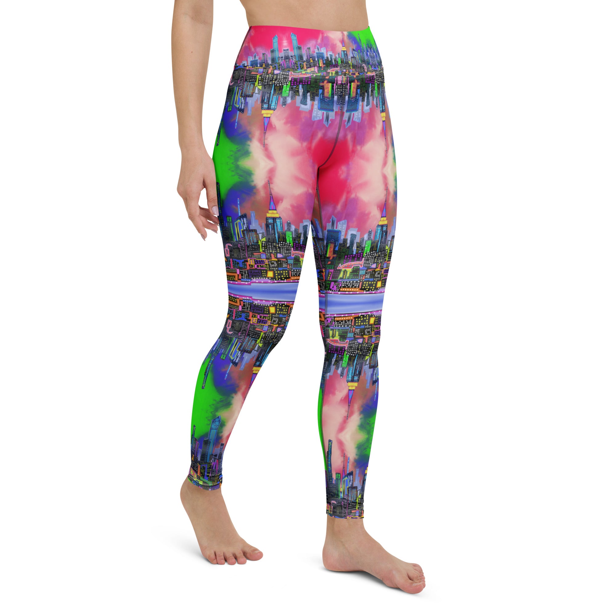 Multicolored tie-dye leggings designed by Loria NYC Art and worn by a person on a  white background