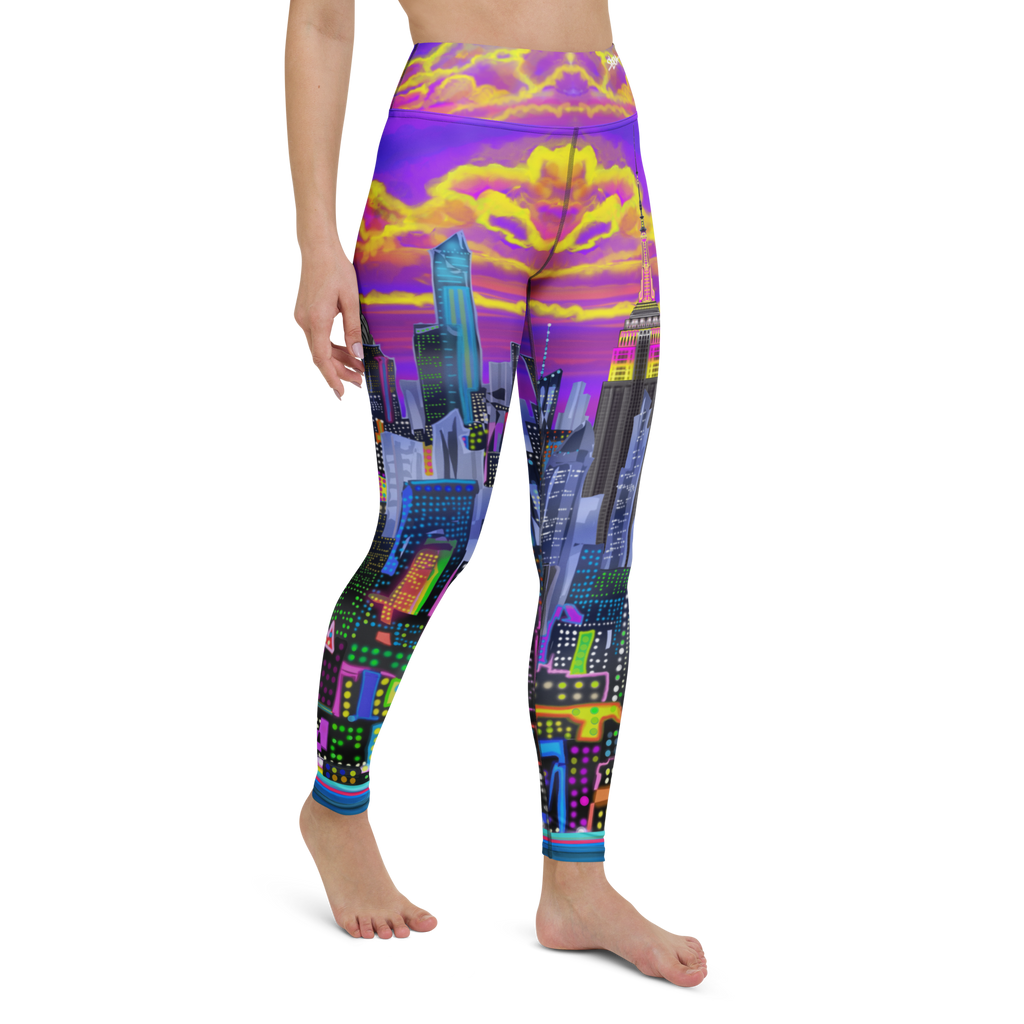 Leggings with a colorful Loria NYC Art cityscape design on a white background