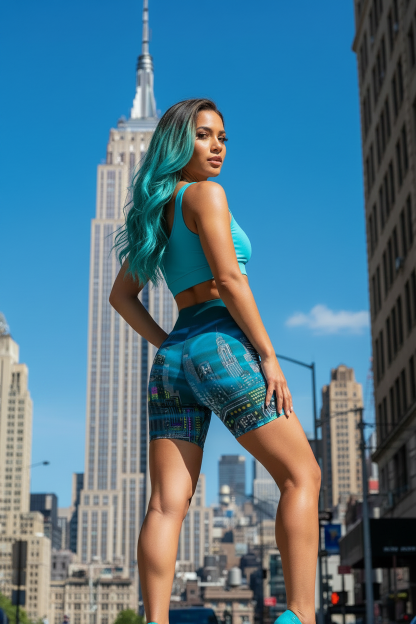 Woman in blue Loria NYC Art leggings standing in front of the Empire State Building in New York City.