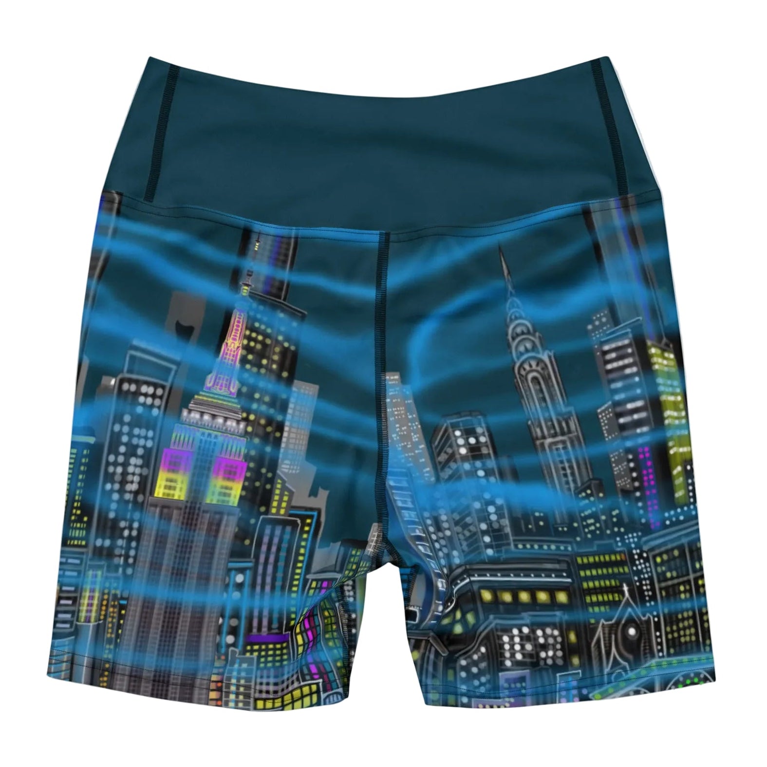 Back of Yoga shorts designed by Loria NYC Art featuring a NYC skyline design, on a white background 