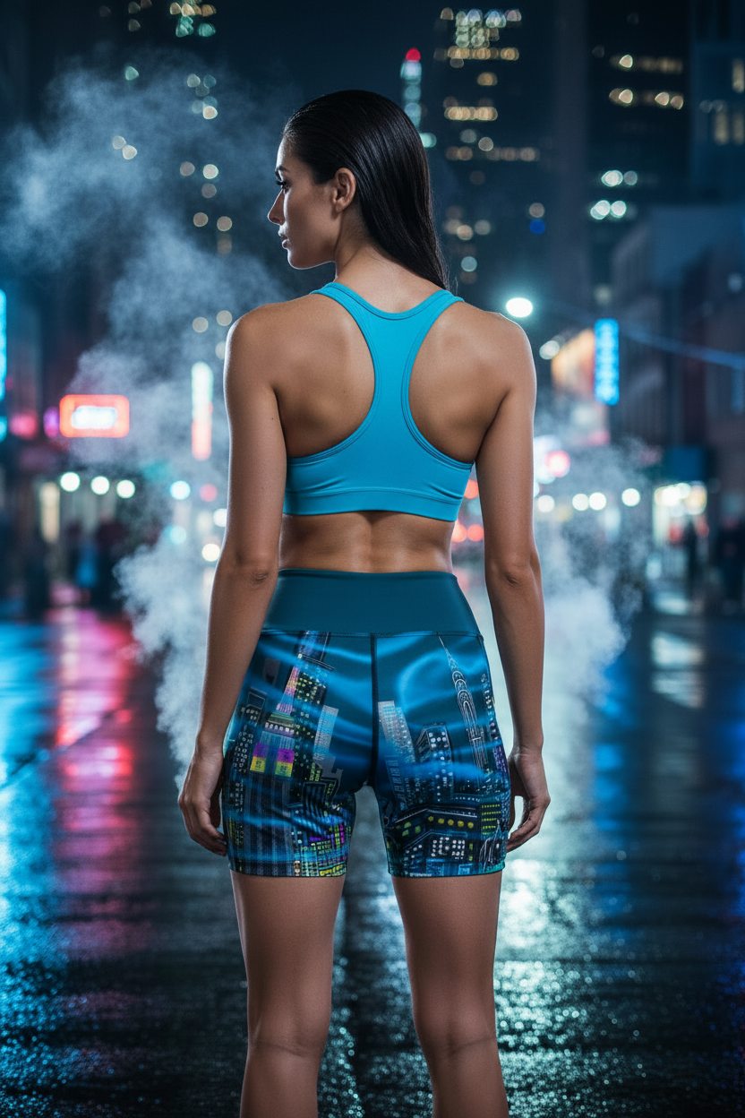Person wearing a blue athletic outfit with a cityscape Loria NYC Art design on a wet street at night.