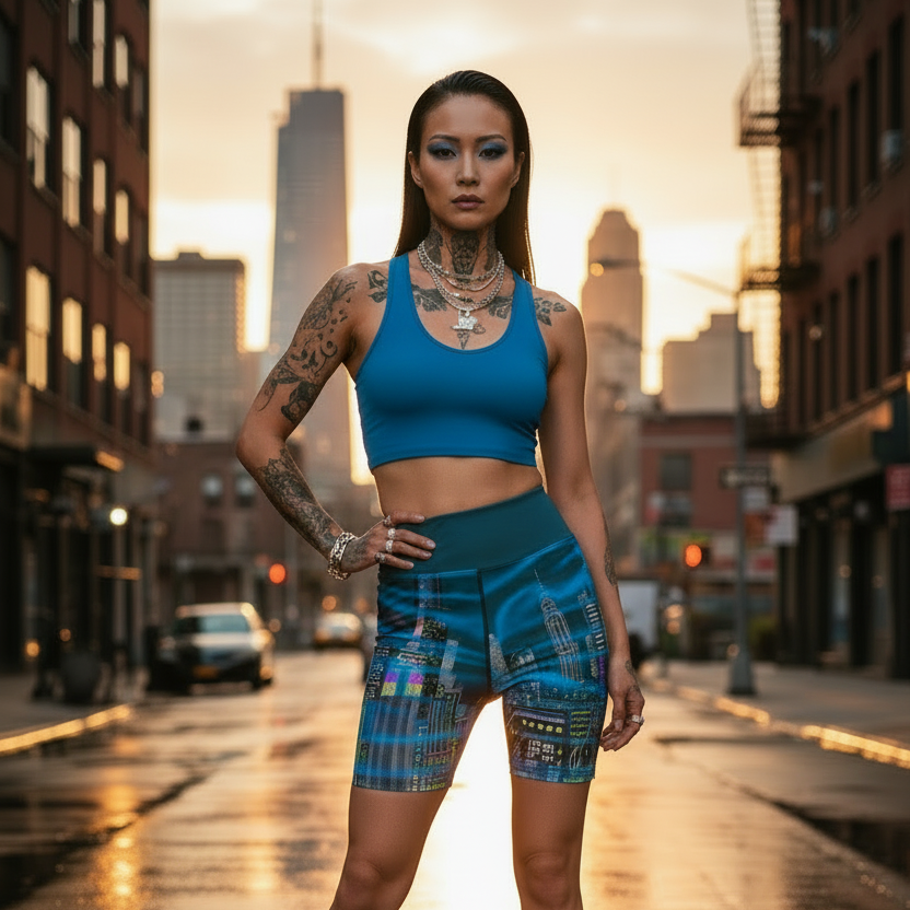 Woman in blue Loria NYC Art athletic wear standing on a city street with buildings in the background