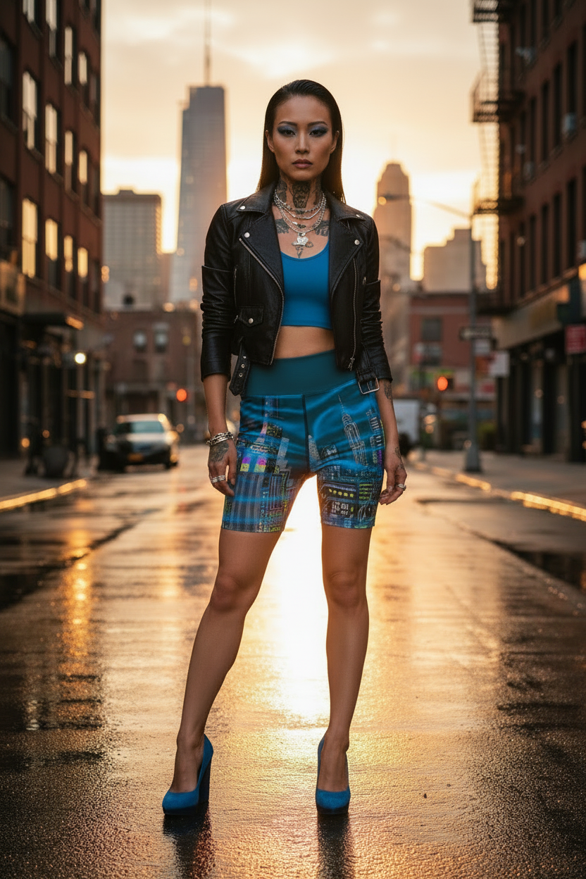 Woman in a stylish Loria NYC Art outfit standing on a city street with a sunset background