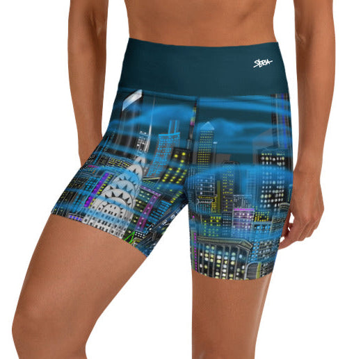 Person wearing colorful athletic shorts on a white background