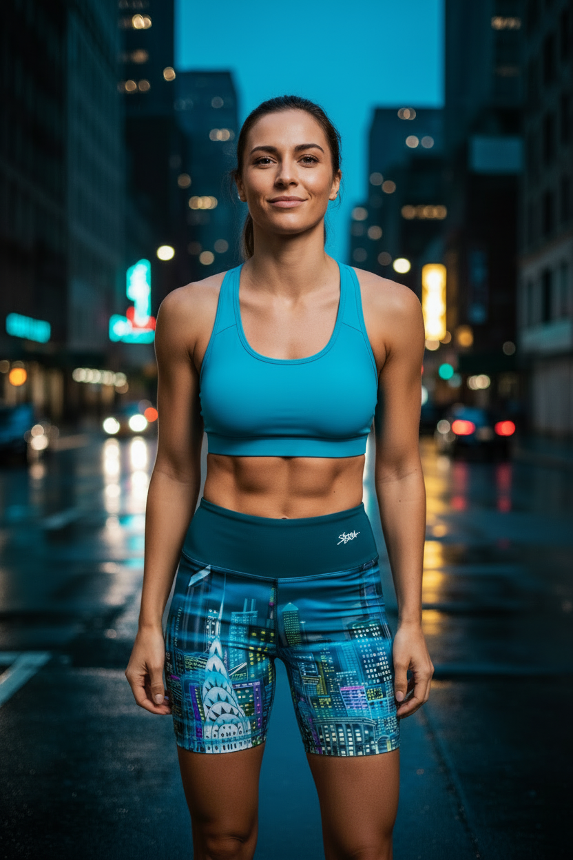Woman in athletic Loria NYC Art wear standing on a city street at night.