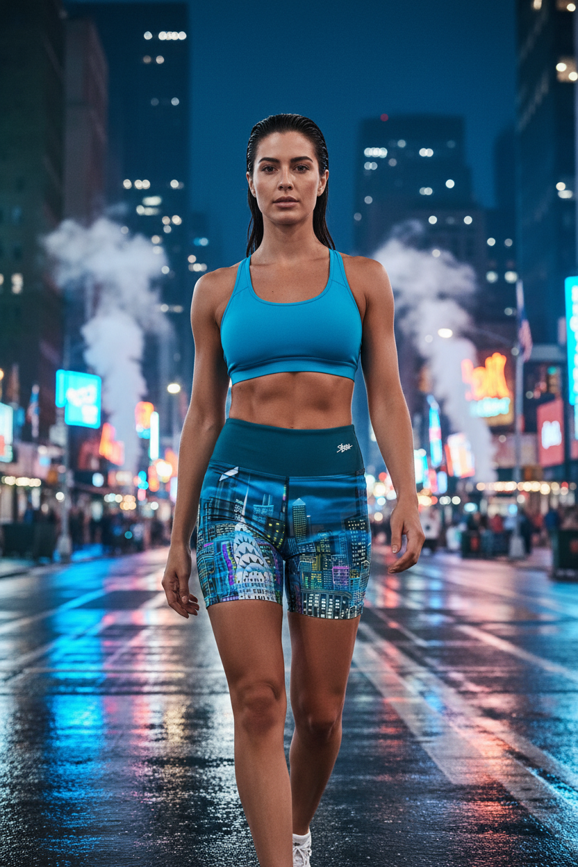 Woman in athletic Loria NYC Art wear walking on a city street at night.