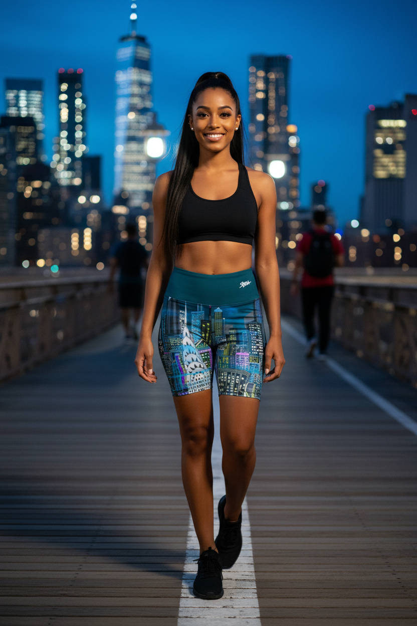 Woman in athletic Loria NYC Art wear standing on a bridge with city skyline at night