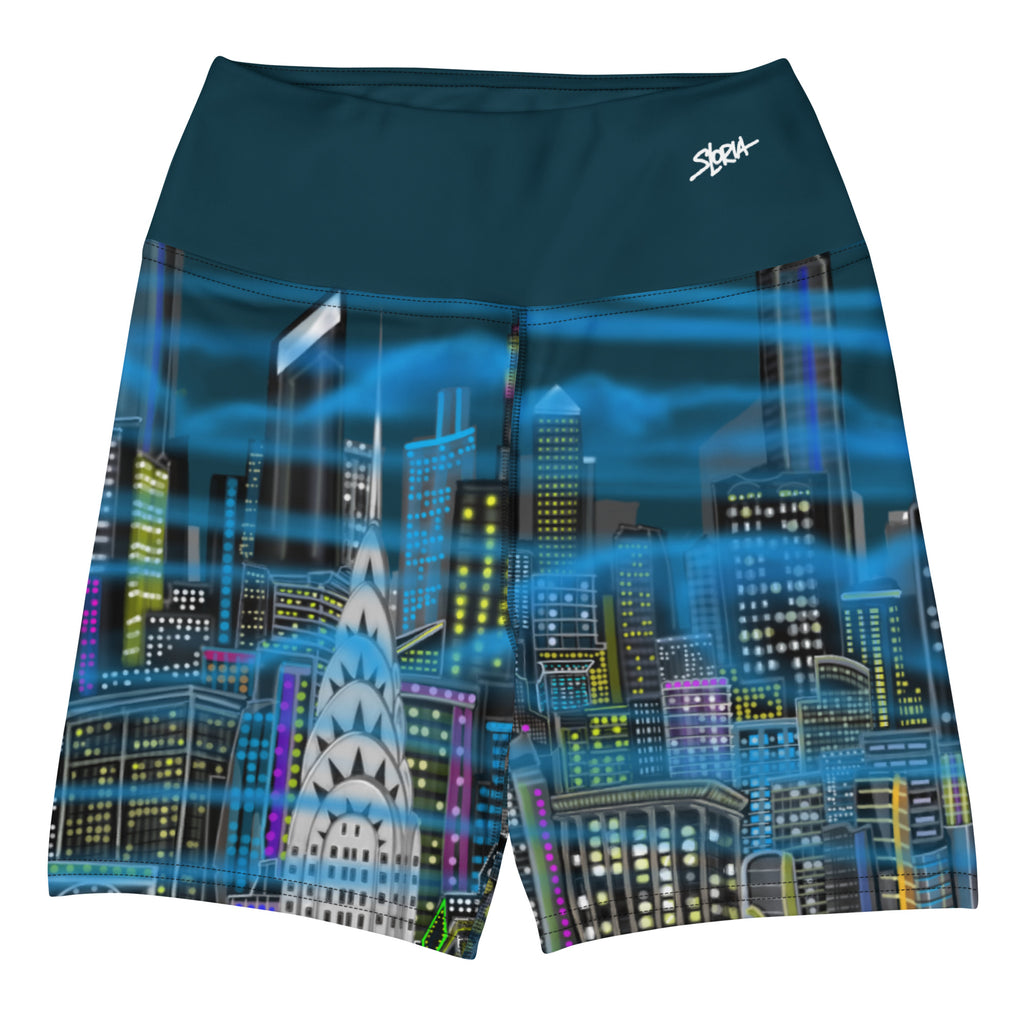 Yoga shorts designed by Loria NYC Art featuring a NYC skyline design, on a white background 