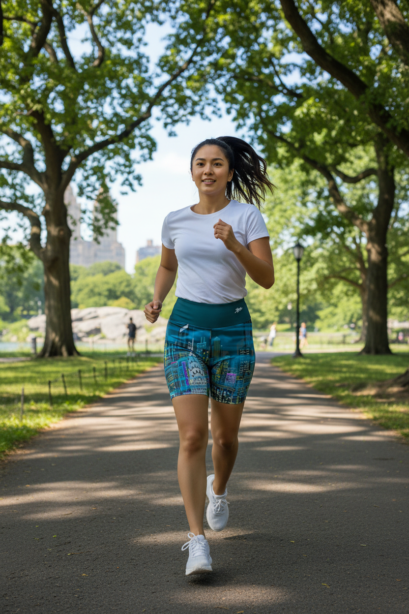 Woman running in a park with trees and a path in the background