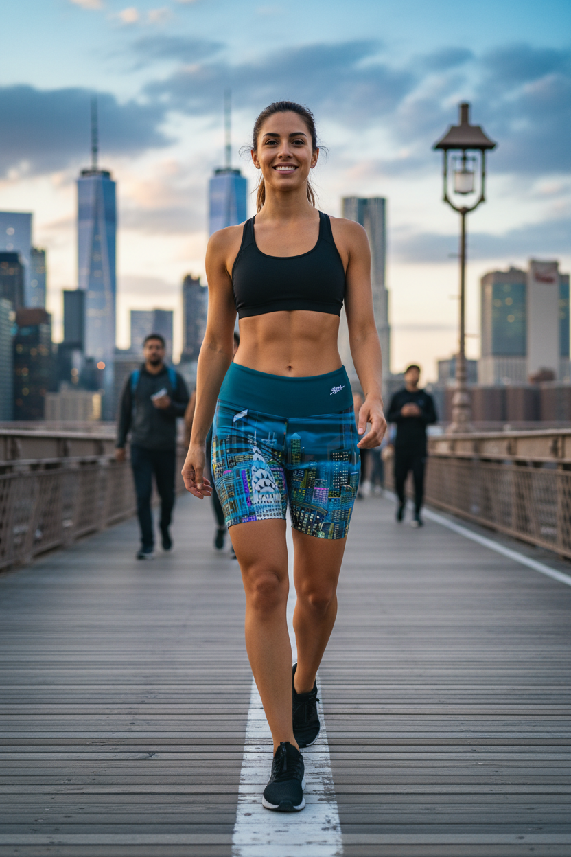 Woman in athletic Loria NYC Art wear walking on a bridge with city skyline in the background