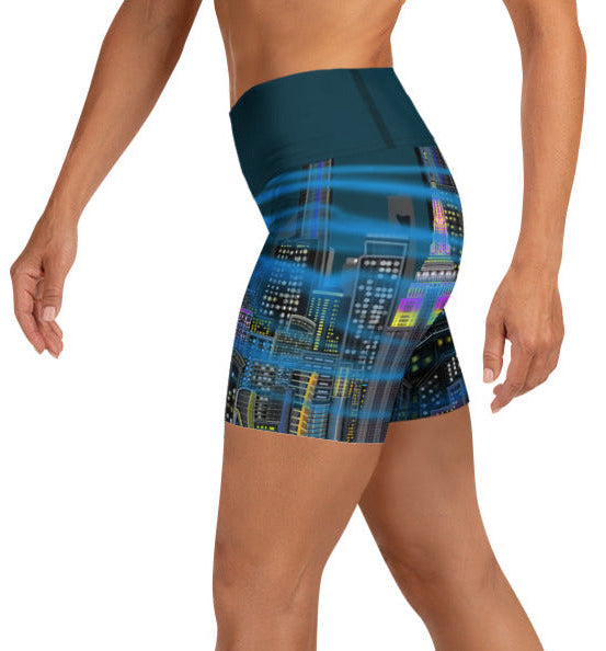 Person wearing blue Loria NYC Art shorts on a white background
