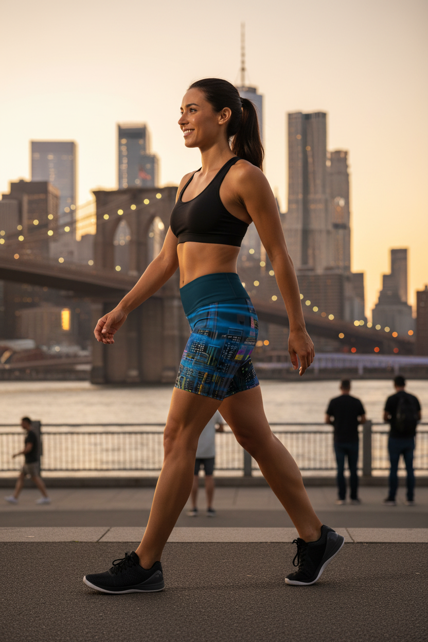 Woman in athletic Loria NYC Art wear walking on a path with a city skyline in the background