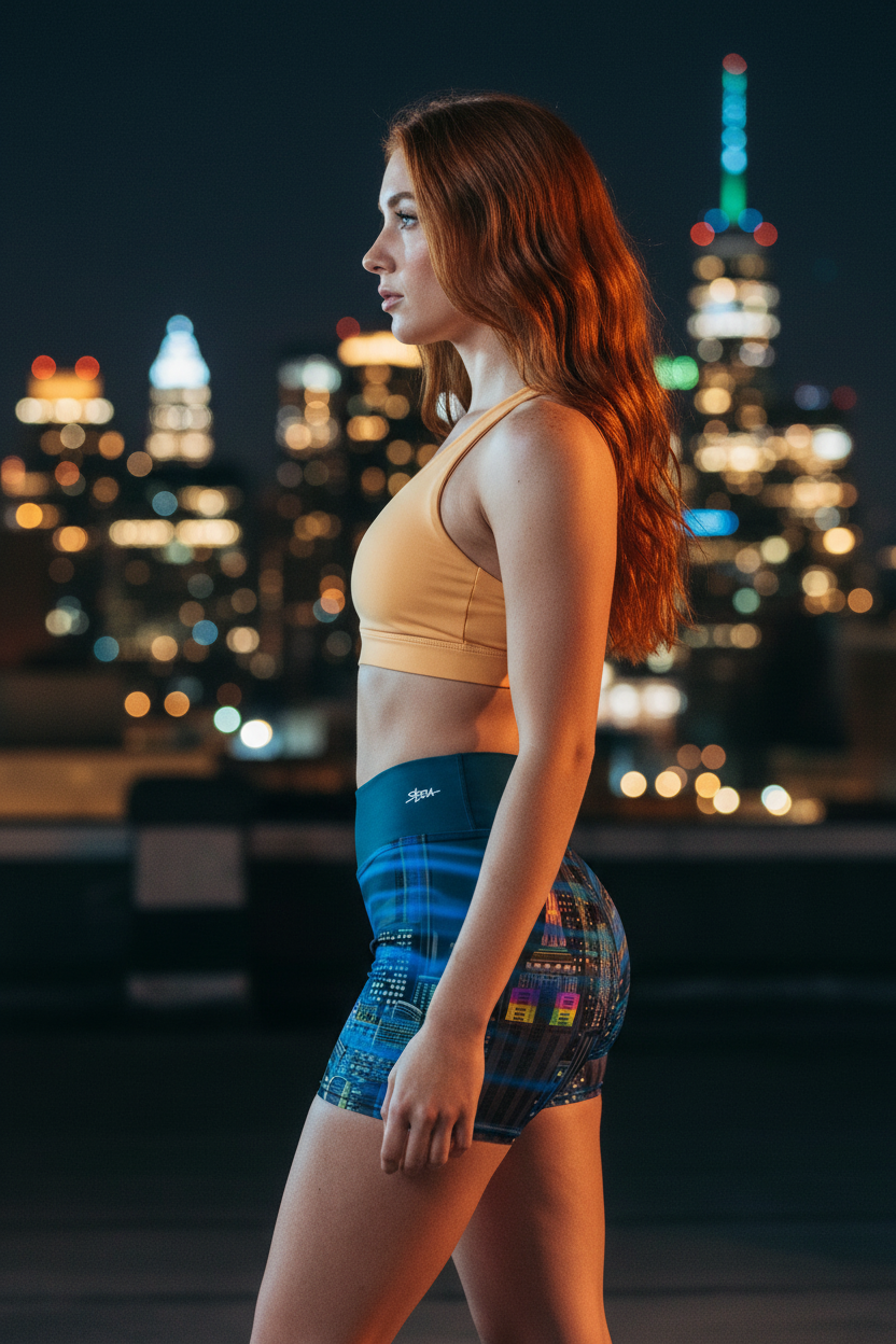 Woman in athletic Loria NYC Art wear standing against a city skyline at night