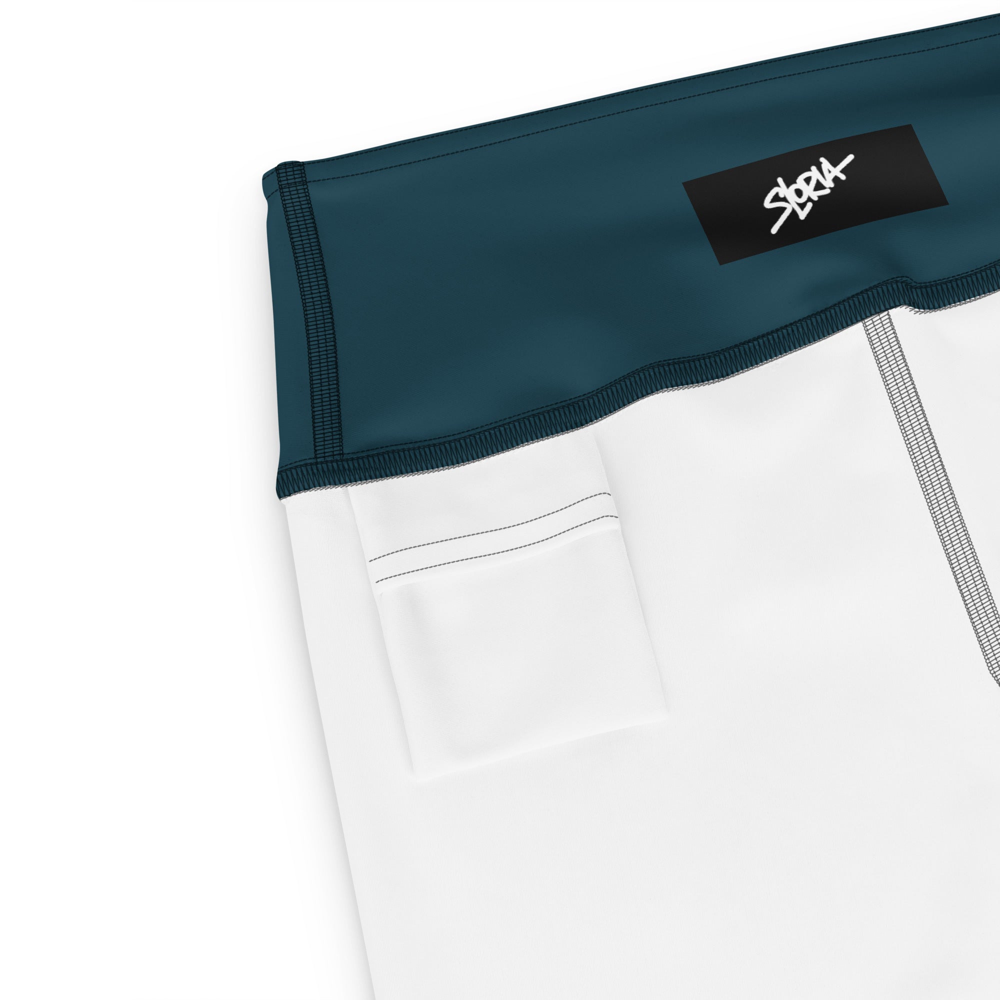 Yoga shorts designed by Loria NYC Art featuring a NYC skyline design, on a white background 