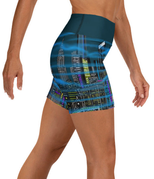 Person wearing blue patterned shorts on a white background