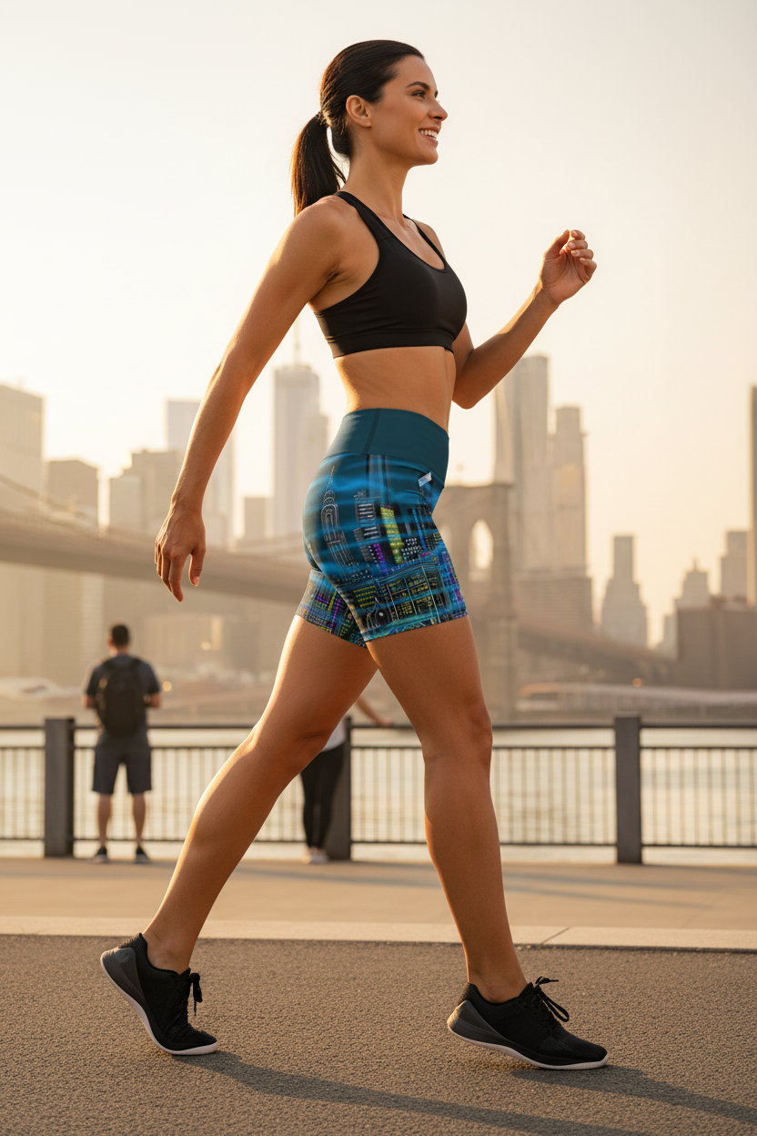 Woman in athletic Loria NYC Art wear jogging on a path with a city skyline in the background