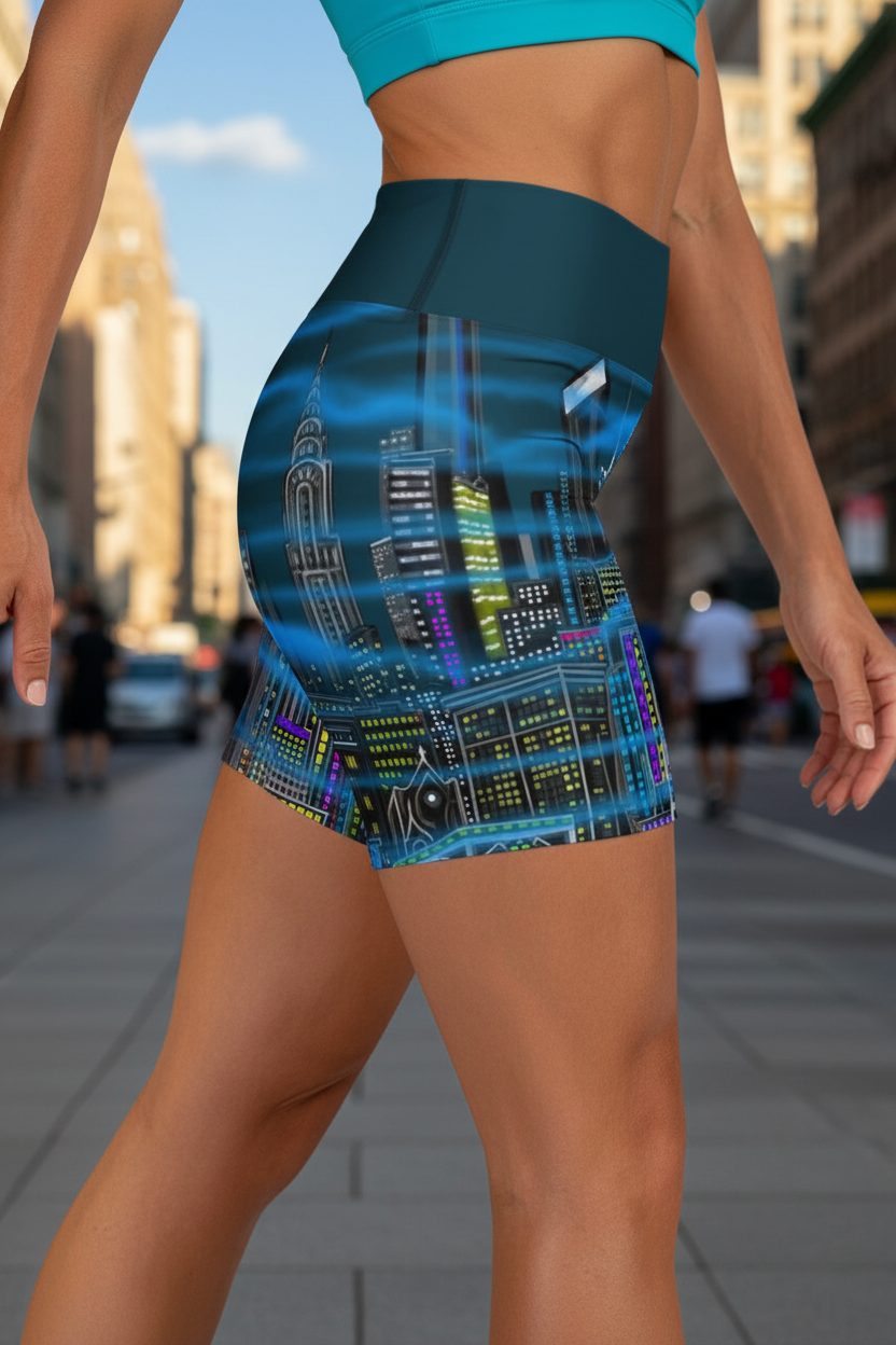 Person wearing a blue and black Loria NYC Art shorts on a city street.