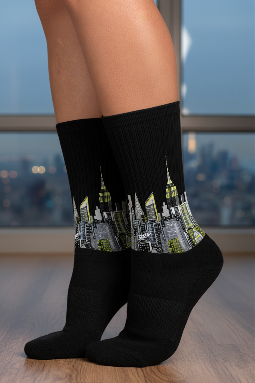 Black socks with Loria NYC Art city skyline design worn by a person indoors.