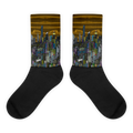Black socks with a Loria NYC Art cityscape design on a white background