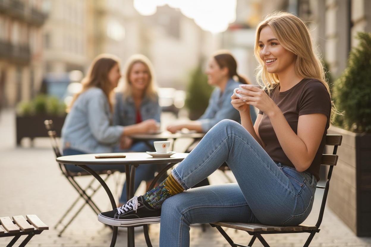 Woman wearing Loria NYC Art socks at an outdoor cafe table, holding a cup, with blurred background of other people and cityscape.