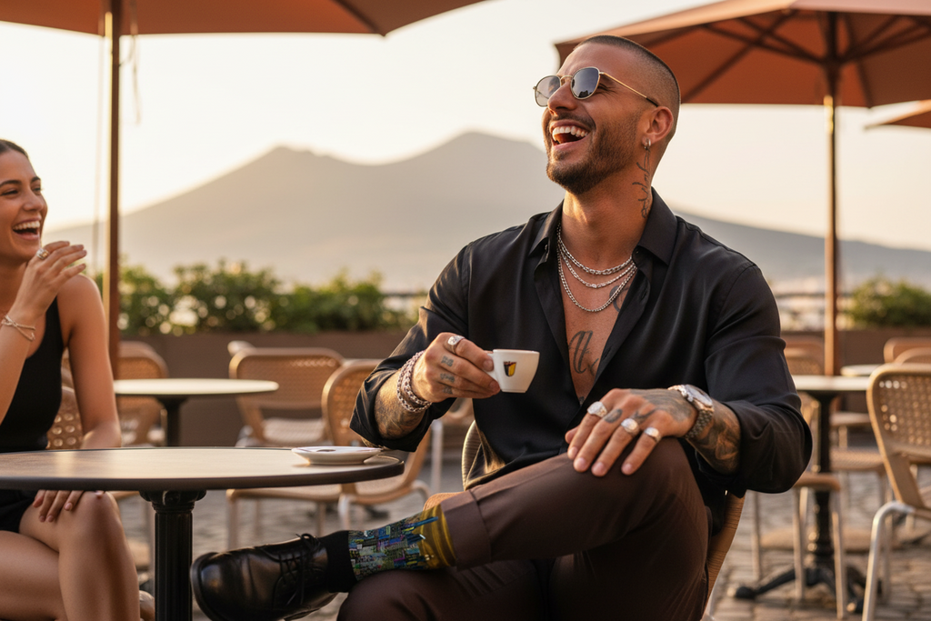 Man and woman sitting at an outdoor cafe wearing brown Loria NYC Art socks with mountains in the background