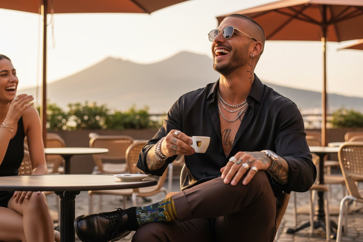 Man and woman sitting at an outdoor cafe wearing brown Loria NYC Art socks with mountains in the background