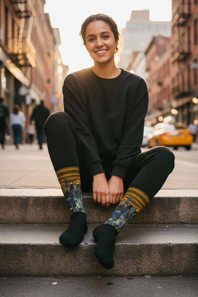 Person wearing Loria NYC Art socks sitting on outdoor steps.