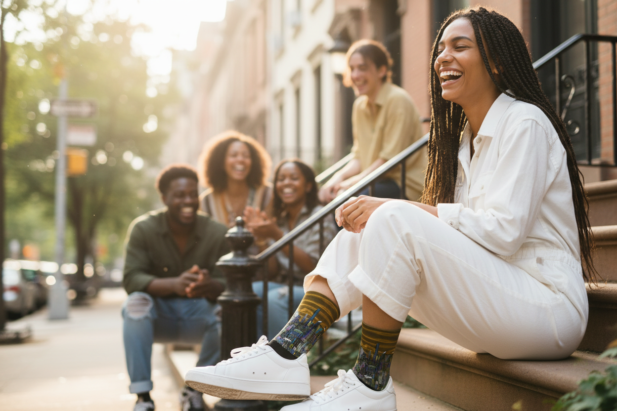 Girl wearing Loria NYC Art socks with  friends sitting on a city street, laughing and enjoying each other's company