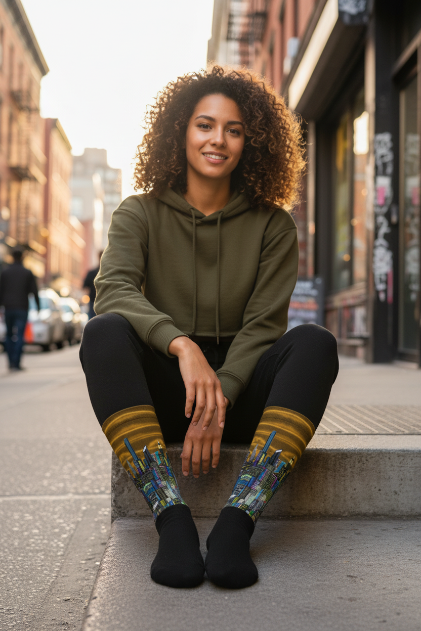 Woman wearing Loria NYC Art socks sitting on outdoor steps in an urban setting 