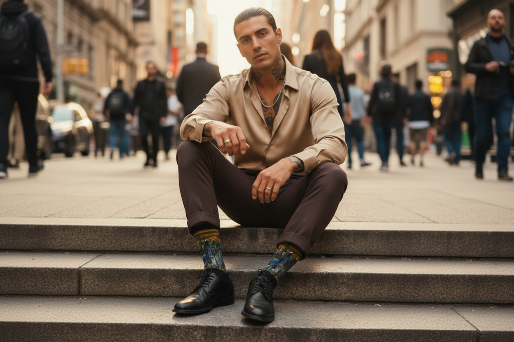 Man sitting on a step wearing Loria NYC Art socks in an urban setting