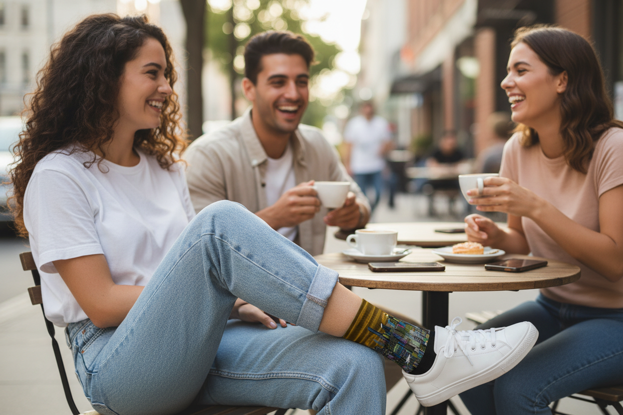 Three friends sitting at an outdoor cafe table, one wearing brown Loria NYC Art socks enjoying coffee and each other's company.