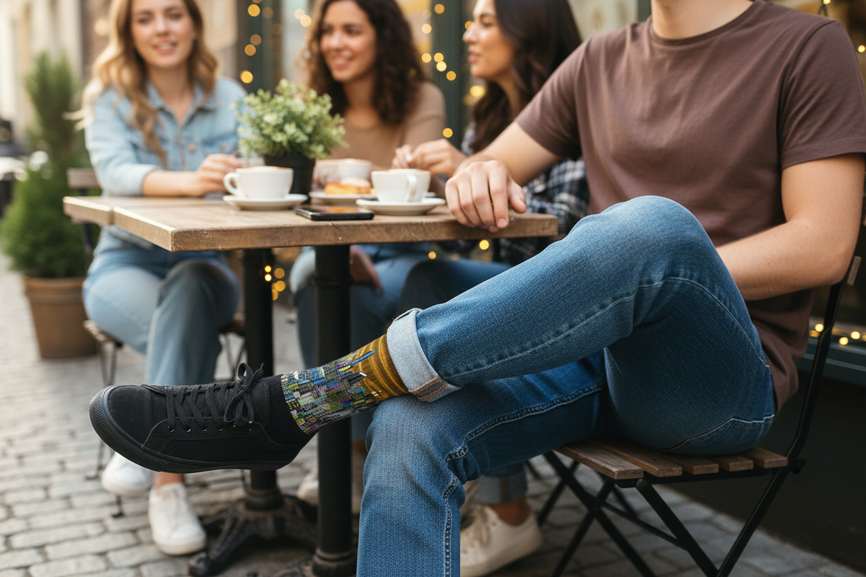 Man wearing Loria NYC Art socks sitting at an outdoor cafe table with drinks and a person kicking their feet up.