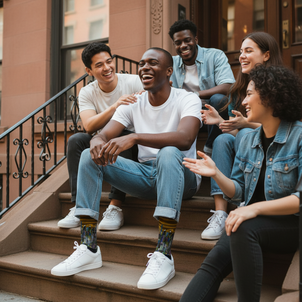 Man wearing Loria NYC Art socks sitting on a set of stairs, laughing and enjoying each other's company.