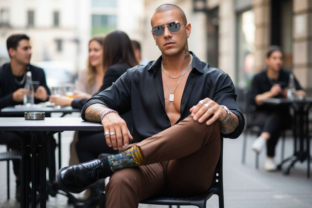 Man sitting outdoors wearing sunglasses and a black shirt with brown Loria NYC Art socks