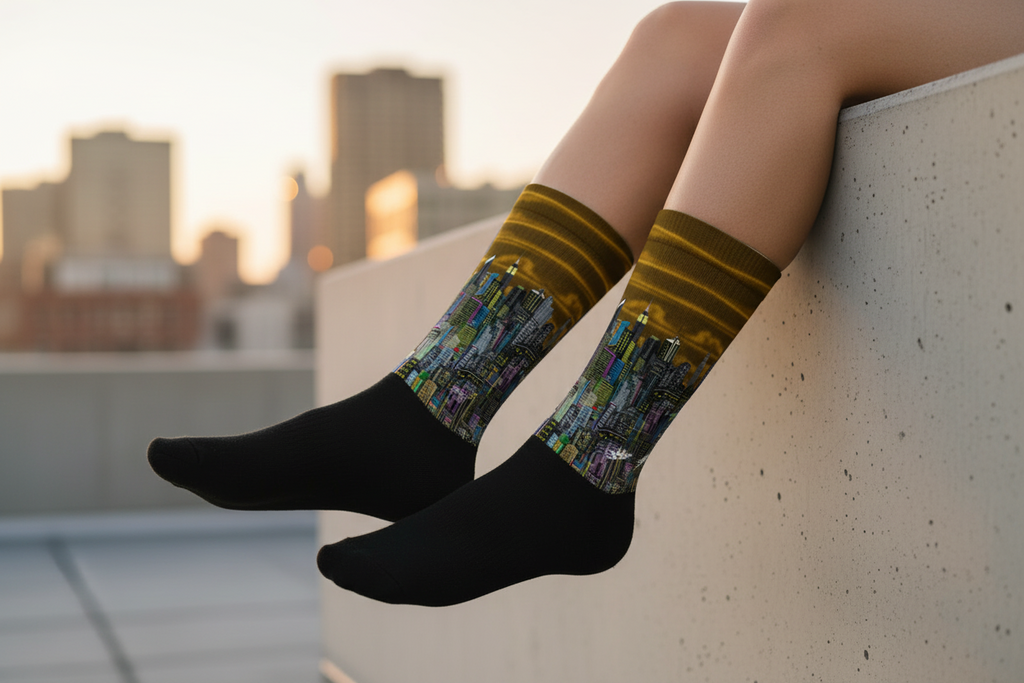 Person wearing brown and black socks with a Loria NYC Art cityscape design on a rooftop 