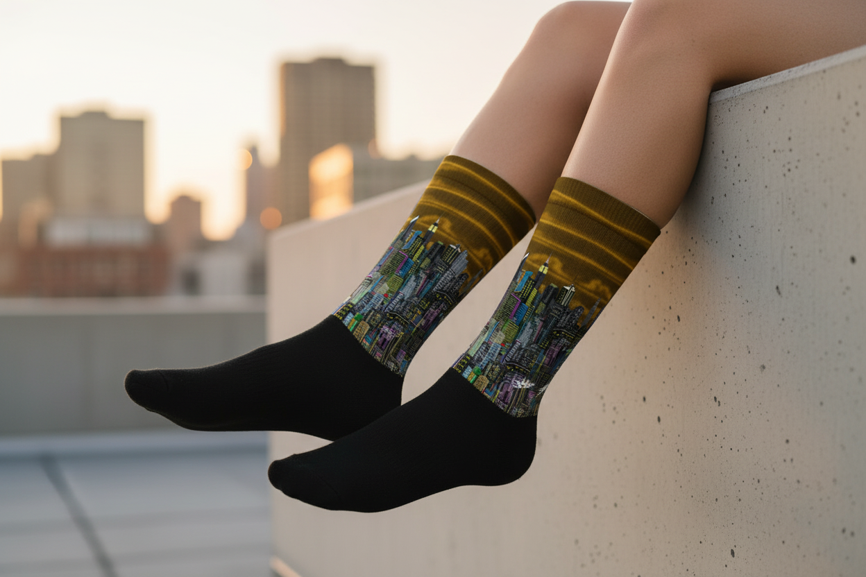 Person wearing brown and black socks with a Loria NYC Art cityscape design on a rooftop 