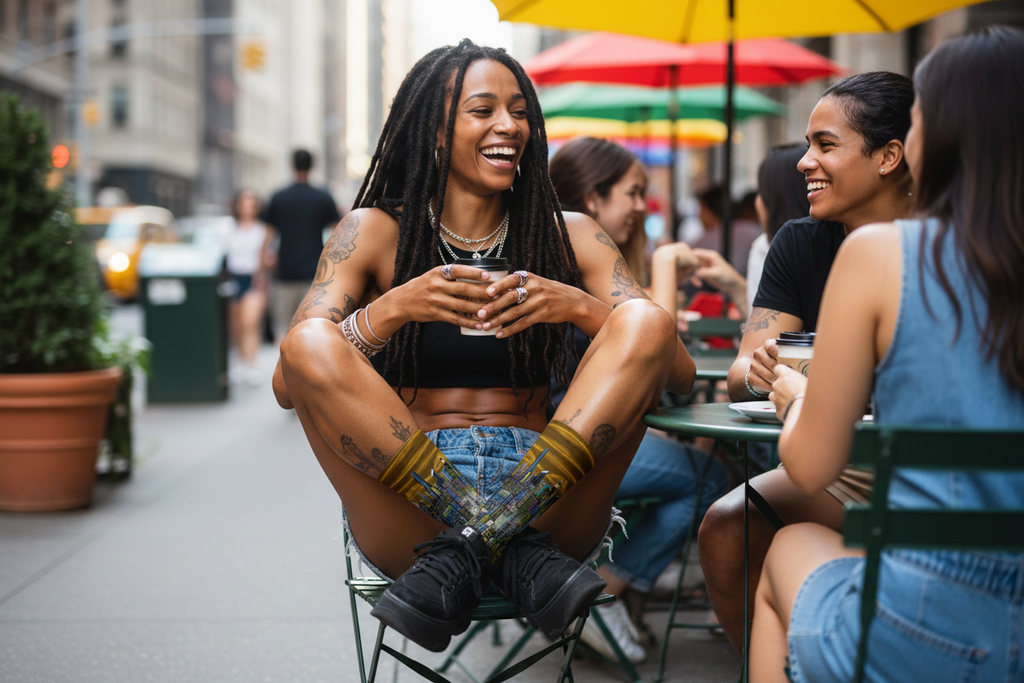 Two women sitting outdoors wearing brown Loria NYC Art socks at a street food market, laughing and enjoying each other's company.